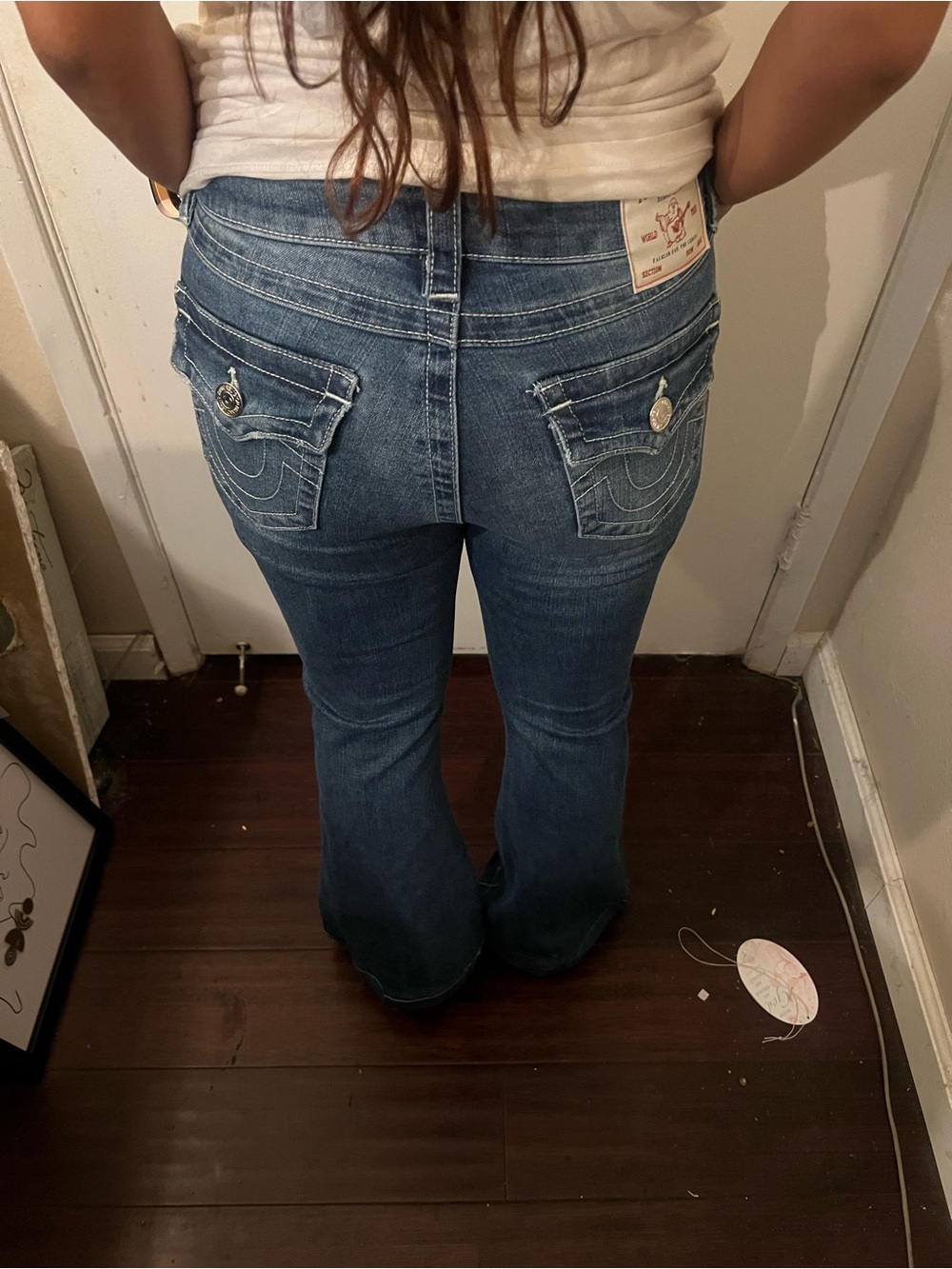 True Religion Medium Blue Flare Jeans with Signature Stitching